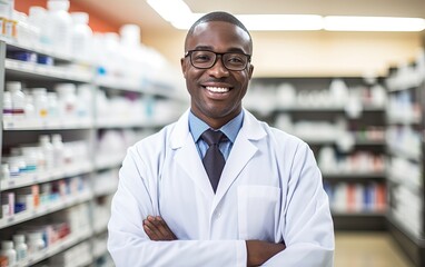 Handsome young male caucasian druggist pharmacist in white medical coat smiling and looking at camera in pharmacy drugstore
