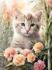 kitten and flowers, AI generated.