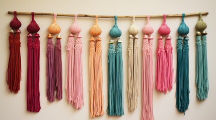 Yarn tassels hanging from a macrame wall hanging, adding boho charm