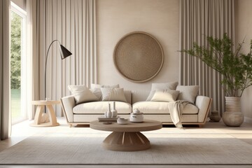 Neutral toned living room. sofa, round table, framed artwork, potted plant on wooden floor. Modern interior aesthetics.