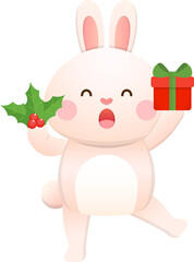 Cute rabbit character or mascot or cartoon character with gift box