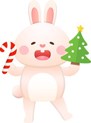 Vector illustration cartoon character of cute bunny character or mascot with candy cane and christmas tree