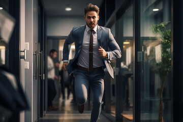 Generative AI Image of Businessman Running Fast Toward the Office Door - obrazy, fototapety, plakaty