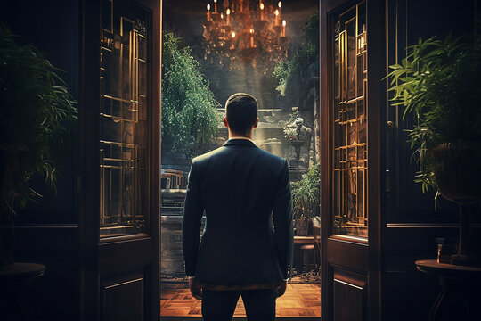 Back View of Businessman Standing in Front of Open Door Entering Luxurious Room Generative AI