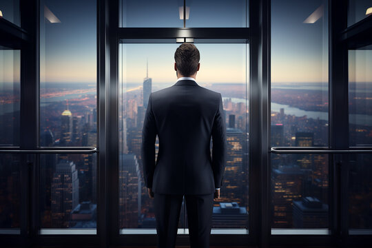 Back View of Businessman Standing in Front of the Elevator Door with Cityscape Generative AI