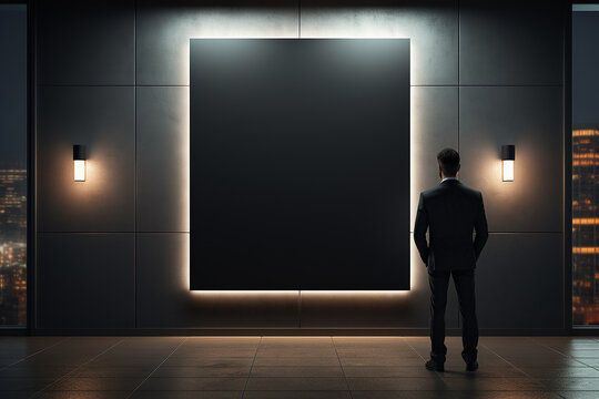 Back View of Businessman Standing Looking at Blank Poster on the Wall Generative AI