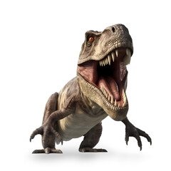 front view, close up of a Tyrannosaurus rex, facing the camera, roaring, its jaws wide open, isolated on transparent background. 
