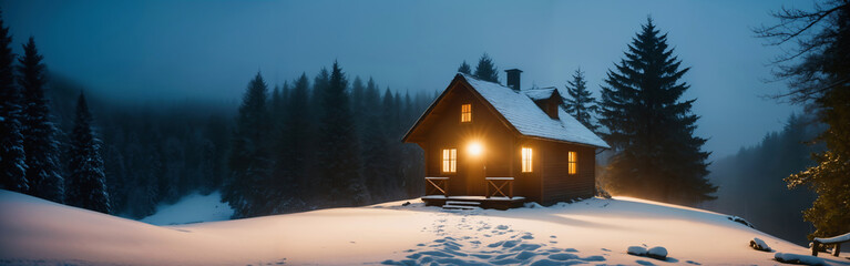 Winter Forest Wooden House - obrazy, fototapety, plakaty