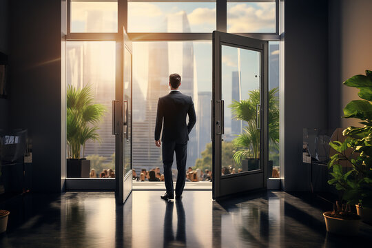 Generative AI Image of Businessman Standing in Front of Office Door with Skyscraper Building View