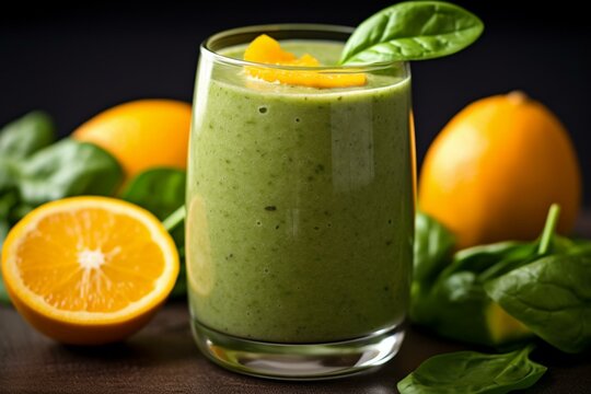 Nutritious orange vitamin smoothie made with spinach, mango, melon, lime, walnut, and coconut water. Generative AI