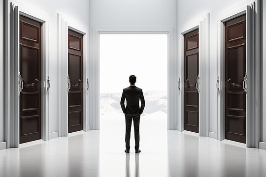 Generative AI Image of Businessman Standing in the Middle of the Chosen Door