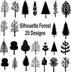 set of trees silhouettes 25 designs vector forest illustration clipart silhouettes - obrazy, fototapety, plakaty