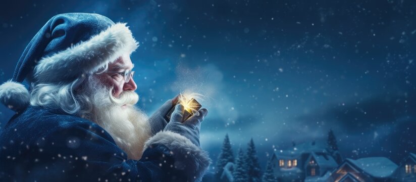 Santa Claus making snow fall on small town at night