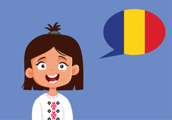 Cute Girl Speaking Romanian Language Vector Character Design. Child wearing a traditional costume speaking native language in Romania
