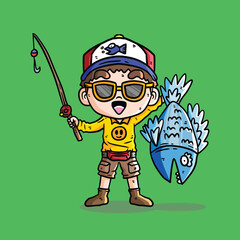Cute Vector Illustration of Boy Fishing. Vector illustration of a Fisherman catch big fish. Fisherman Vector Illustration. Fishing Cartoon Vector Illustration.