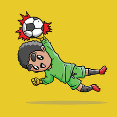 Cute Boy in Green Jersey play soccer vector illustration. Goalkeeper in football match. Goalkeeper jumping. Cute Goalkeeper Vector Illustration.