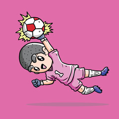 Cute Boy in Pink Jersey play soccer vector illustration. Goalkeeper in football match. Goalkeeper jumping. Cute Goalkeeper Vector Illustration.