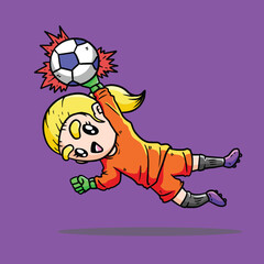  Cute Girl in Orange Jersey play soccer vector illustration. Woman Goalkeeper in football match. Goalkeeper jumping. Cute Woman Goalkeeper Vector Illustration.