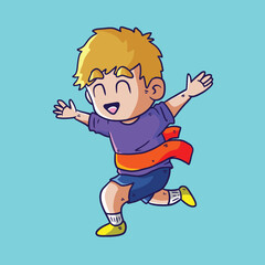 Cute Cartoon Vector illustration of male running athletes cross finish line. Vector Marathon Runner. Marathon finisher runner illustration.