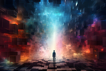 Lost in the Digital Matrix, Silhouette of a Person Walking through a Vibrant Cyber World - obrazy, fototapety, plakaty