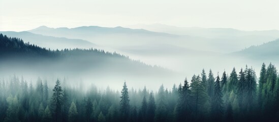 Fototapeta premium Misty forest with copyspace Mysterious haze with room for text Moody landscape with atmosphere