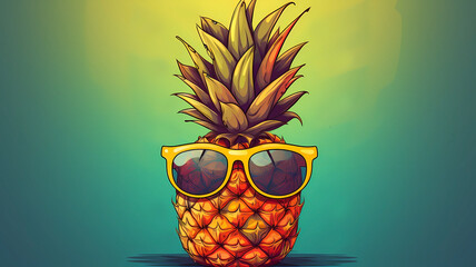 Hand drawn cartoon pineapple illustration wearing sunglasses

