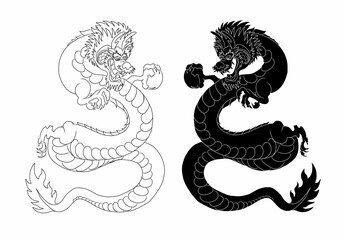 Japanese red dragon tattoo.Dragon on red background for Chinese New Year.Gold Chinese Dragon vector.Gold line art King Dragon tattoo.cartoon vector for t-shirt.