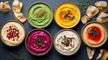 Colorful hummus bowls. Different kinds of dips. Traditional hummus, herbs hummus, beetroot hummus, spread. Assorted meze and dips with crispy pita. Meze and snacks concept. Middle eastern snacks set