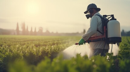 Pesticide and Fertilizer Application: "A farmer in protective gear spraying crops with a pesticide applicator. - Powered by Adobe