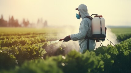 Pesticide and Fertilizer Application: "A farmer in protective gear spraying crops with a pesticide applicator.