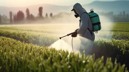 Foto op Canvas Pesticide and Fertilizer Application: "A farmer in protective gear spraying crops with a pesticide applicator. © Phoophinyo