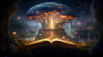 Opened magic book with fantasy elements. Concept on the topic of fantasy
