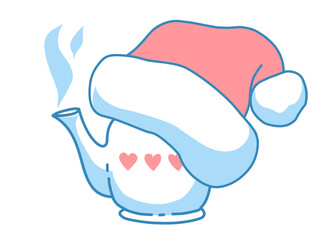 Ceramic teapot with Christmas hat of Santa Claus. Vector illustration Isolated on white background.