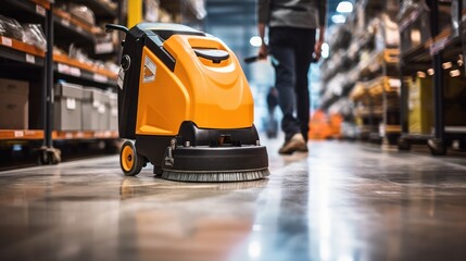 Walk - behind floor cleaner, looking up. A floor cleaner uses a floor scrubber and a floor warning sign to clean the floor in a large warehouse,