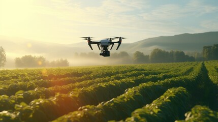 Precision farming uses GPS technology to precisely control farming equipment and monitor crop conditions. A farm with GPS - guided tractors and drones flying overhead. - obrazy, fototapety, plakaty