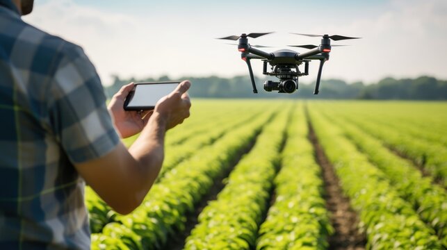 Precision farming uses GPS technology to precisely control farming equipment and monitor crop conditions. A farm with GPS - guided tractors and drones flying overhead.