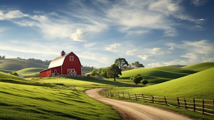 Rural Landscapes: A picturesque countryside landscape with rolling hills and a charming red barn.