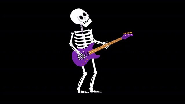 Skeleton rock guitarist plays an electric guitar. Halloween skeleton musician. Looping animation with alpha channel.