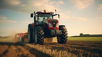 Obraz premium Farm Machinery: A tractor plowing a vast field in preparation for planting crops.
