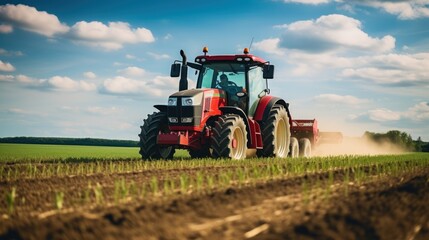 Fototapeta premium Farm Machinery: A tractor plowing a vast field in preparation for planting crops.