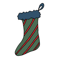 Hand drawn sock for Christmas gifts. Hanging sock doodle. Winter single design element