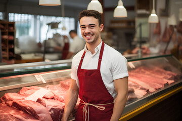 Young smiling butcher standing at the meat counter - obrazy, fototapety, plakaty