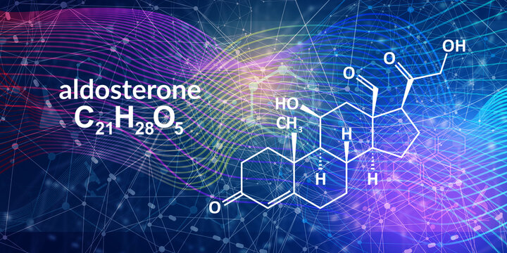 Structural chemical formula of aldosterone. Aldosterone mineralocorticoid hormone, produced by the adrenal gland.
