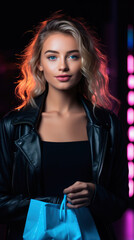 Fototapeta premium Woman in neon light cyberpunk dark background with shopping bags in black friday, cyber monday sales concept