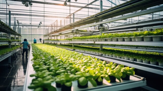 A sustainable and resource - efficient system. An aquaponics setup with fish tanks connected to plant beds. Agricultural technology continues to evolve, addressing the challenges of food security.