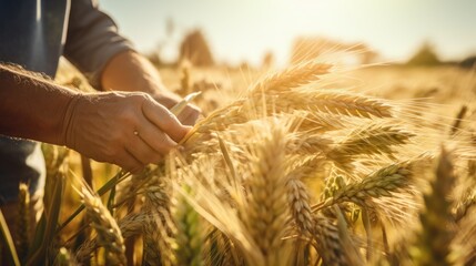 Crop Farming: A sunlit field of golden wheat ready for harvest, with a farmer operating a combine harvester.