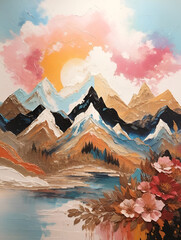 abstract watercolor mountain background, AI generated.