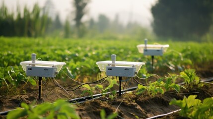 A smart irrigation system with sensors in the field and a control panel. Smart irrigation systems use sensors to monitor soil moisture levels and weather conditions. Biotechnology.