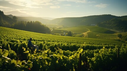 Vineyards: Rolling vineyard hills with rows of grapevines bearing clusters of ripe grapes. A winery...