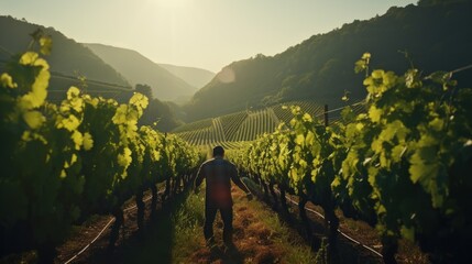 Vineyards: Rolling vineyard hills with rows of grapevines bearing clusters of ripe grapes. A winery worker pruning grapevines in the early morning light. - obrazy, fototapety, plakaty
